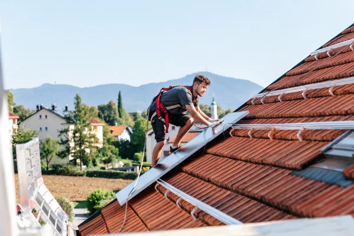 Monteur setzt ein Solarmodul auf dem Dach ein