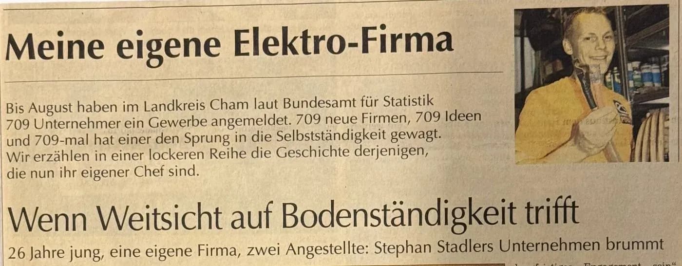 Zeitungsbericht „Meine eigene Elektro-Firma“ über Stephan Stadler und die Gründung von es power